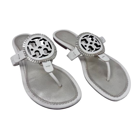 TORY BURCH Metallic Gold Cream Fringe Miller Logo Sandals Flip Flops Size 6.5 - Picture 1 of 12